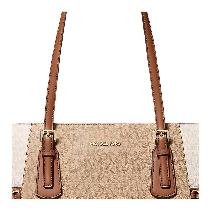 Michael Kors Логотип бренда Voyager, напечатанный по всей поверхности холста, сумка-тоут, большая сумка-шоппер на плечо, женская, коричневая и верблюжья