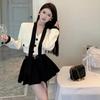 New Fall Two Piece for Women V Neck White Short Bow Coat&High Waist Pleated Black Skirt Sets Fashion Elegant 2 PieAe Dress Suits