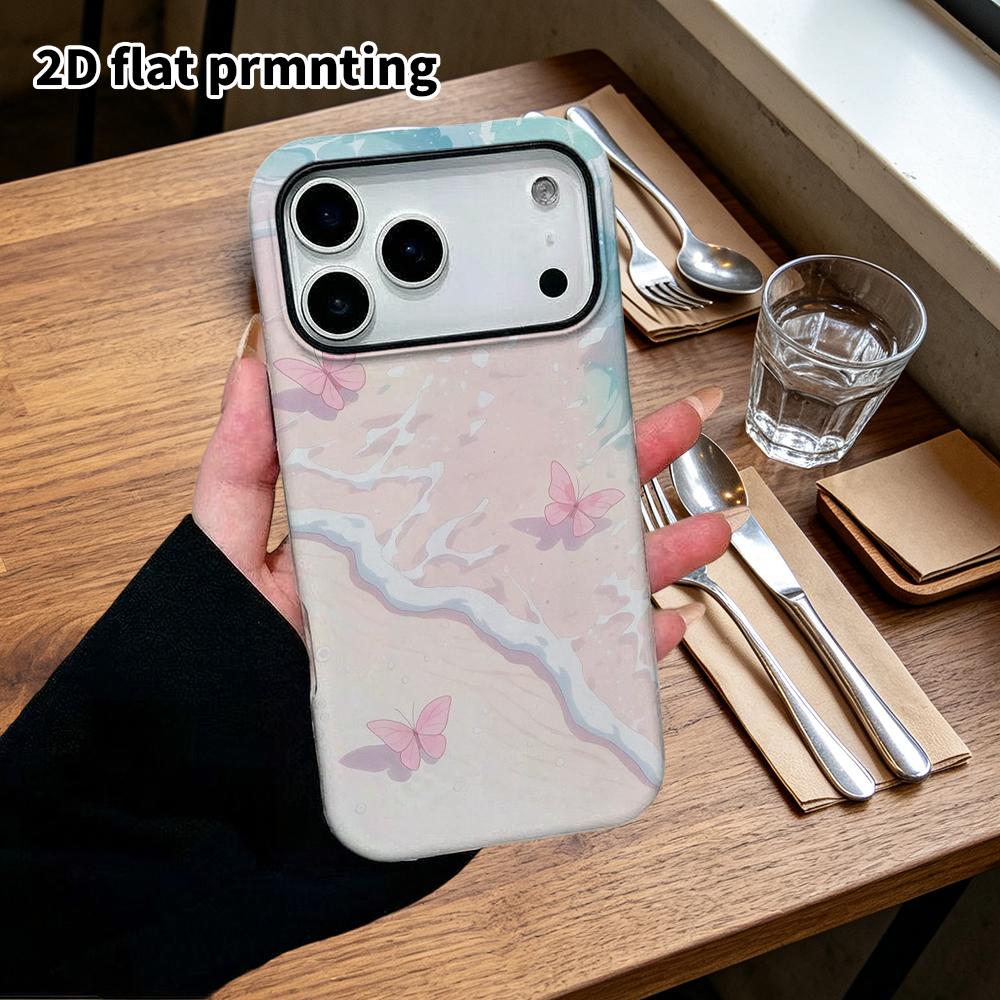 Phone Case: 2D flat design suitable for iPhone 18, 17, 16, 15, 14, 13 Pro film protective case, couple style, seaside pink butterfly beach, Christmas 