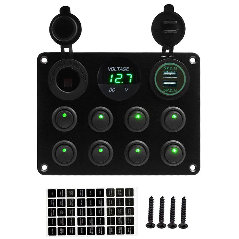 8 Gang Rocker Switch Panel 12V with 4.2A USB Socket Voltmeter Overload Protection ON/Off for Car Boat Marine RV Truck