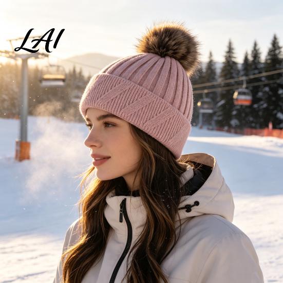 Machine Washable Winter Caps Knitted Hat for Women Cold Weather Fleece Lined with Pom Thermal Beanies Pom Chunky Snow Hat Soft Ribbed Knit