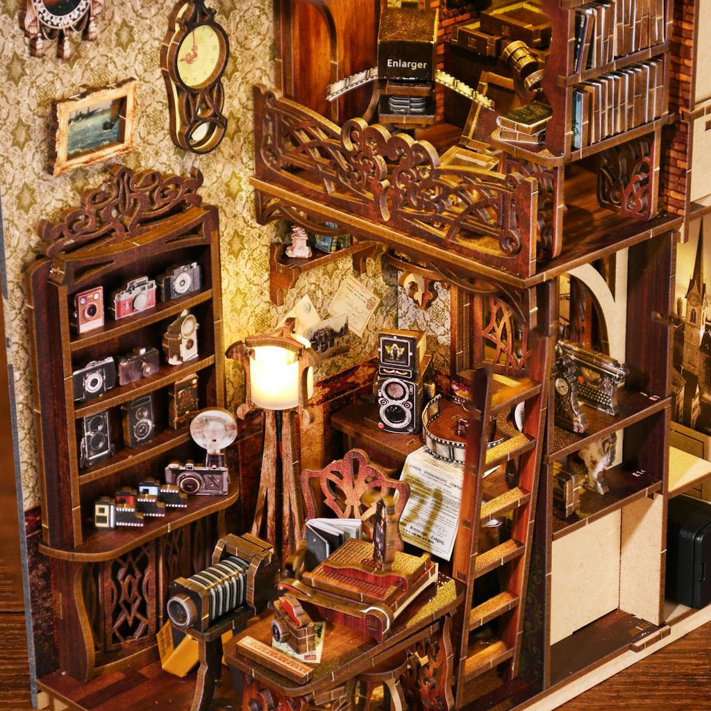 Book Nook DIY Kit for Adults, Wooden 3D Puzzle, Miniature House Assembly Kit, Bookshelf Decoration, Camera Model, for Photography Enthusiasts [Movie