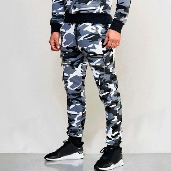 Men Cargo Pants Drawstring Elastic Waist Camouflage Print Multi Zippered Pockets Ankle-banded Slim Fit Casual Daily Wear