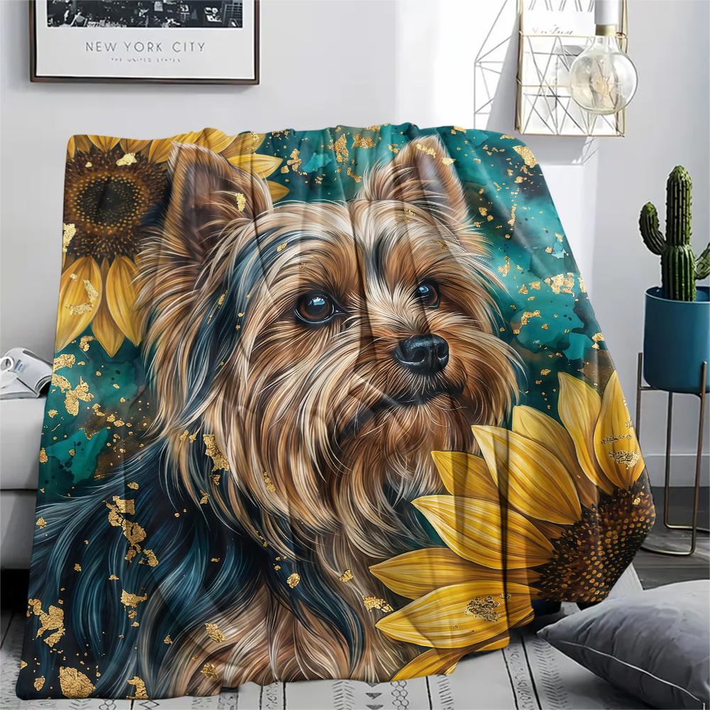 Sunflowers and puppies Print Flannel Blanket,High quality Comfortable for All Seasons,Home Decor,Warmth and Comfort,Perfect for Christmas Gifts