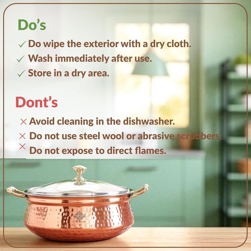 Hammered Steel Copper Casserole Donga Bowl with Glass Lid, Tableware and Serveware (2200 Ml)