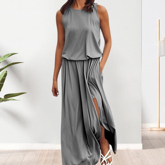 Женское пляжное платье с круглым вырезом, без рукавов, эластичное, с высокой талией, макси