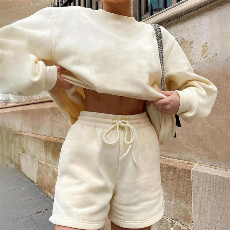 2026 New Summer Long Sleeve Shorts Sweatshirt Set Solid Casual 2 Piece Outfit Lounge Wear