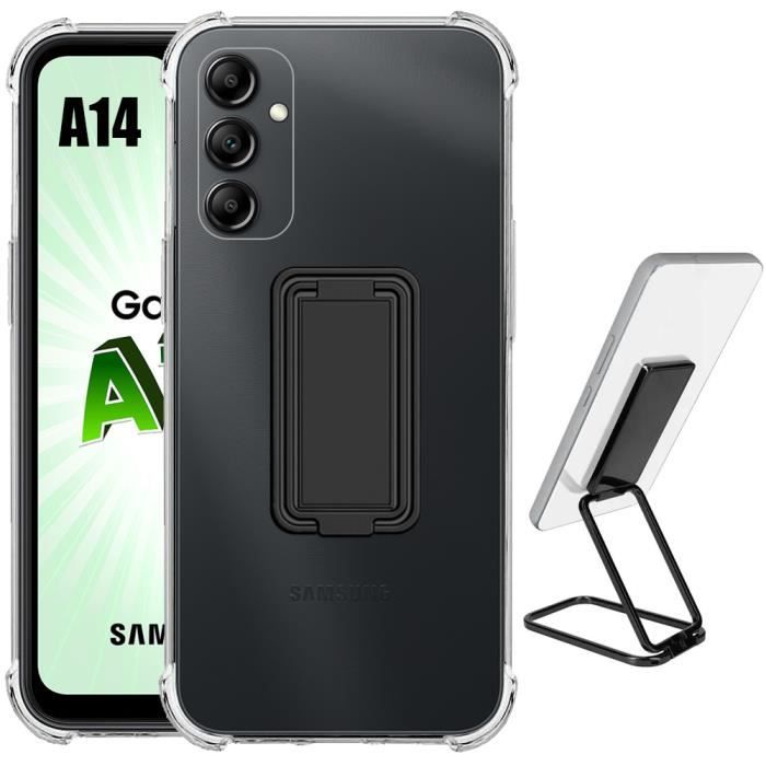 Coque - BOOLING - pour Samsung Galaxy A14 4G-5G - Silicone Transparent - Antichoc - Support Pliable Métal Noir