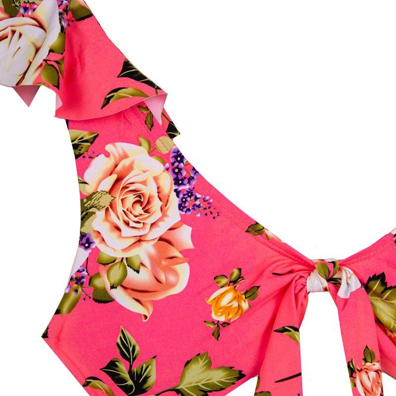 Женский купальник из двух частей с высоким давлением, розовым цветочным узором и оборчатым верхом