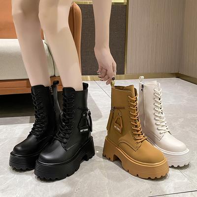 Модные новые осенние ботильоны женские высокие мотоциклетные ботинки на платформе зимние шнурованные массивные кроссовки удобные кожаные ботинки 9 см
