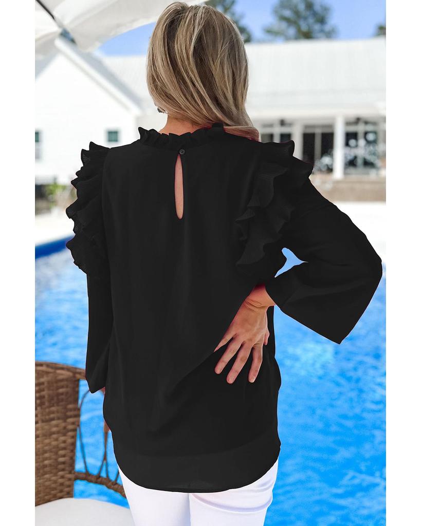 Azura Exchange Черная блузка с застежкой-каплей на спине, плиссированной оборкой и отделкой