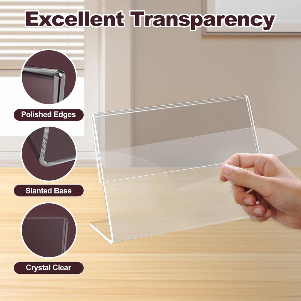 6 x 4 Inch Acrylic Sign Holder, 15 Pcs L Shape Clear Slant Back Sign Holders, Plastic Paper Sign Holder Stand, Clear Picture Frame Acrylic Stands for