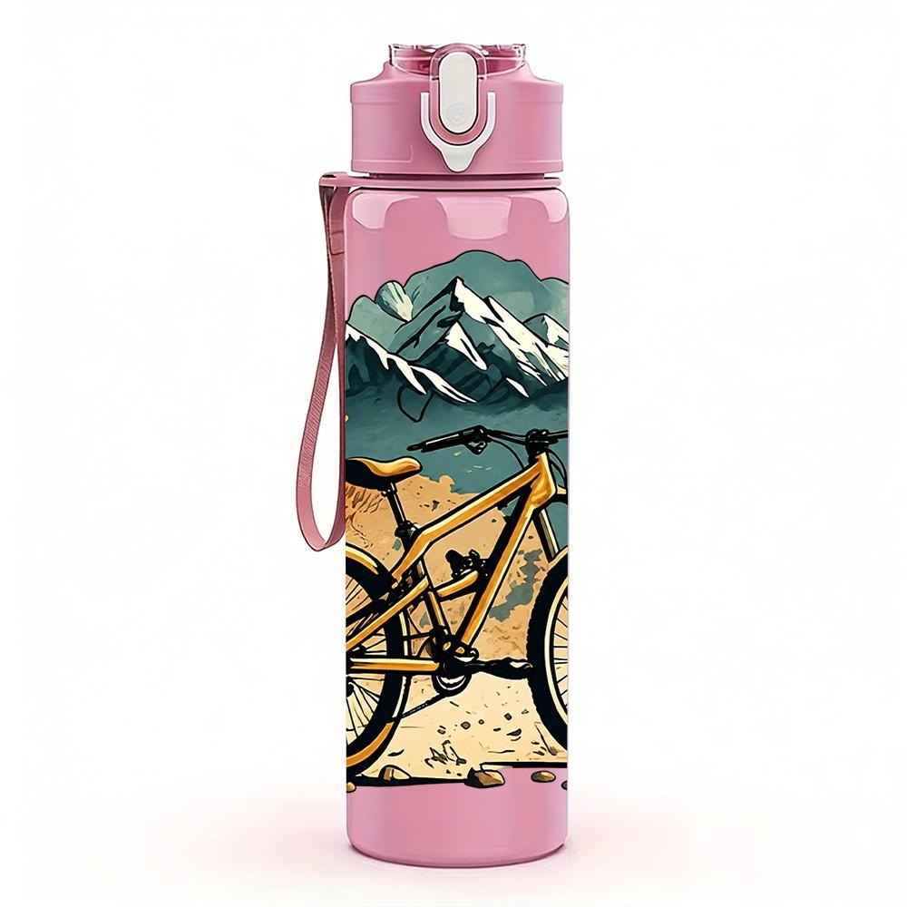 1PC Mountain Bicycle Nature Scene 750ml Color Plastic Sports Water Bottle Leakproof Flip Straw Lid Suitable for Sports Office Home Use