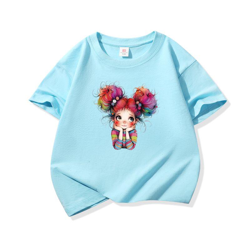 Kids Cotton T Shirt Cheerful Rainbow Hair Girl Graphic Print Crew Neck Short Sleeve Tee Casual Boys Girls Summer Tops