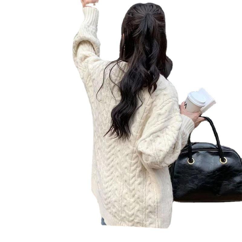 V-образный вырез ленивый ветровой свитер женский осенне-зимний комплект свободная верхняя одежда блузка утолщенный перекрученный вязаный свитер удобный универсальный модный