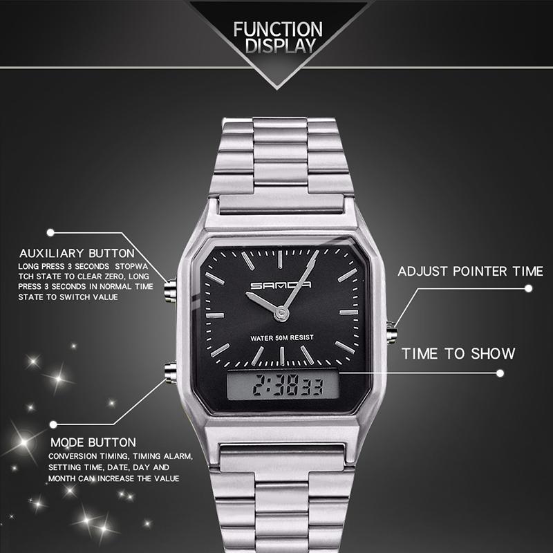 Fashion Unisex G Style Watches Mens Stainless Steel LED Digital Dual Display Clock Unisex Waterproof Sports Quartz Watch