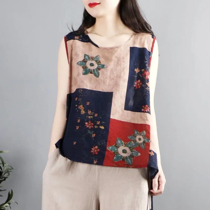 Женский жилет в этническом стиле из хлопка и льна в стиле ретро с литературным мотивом, топ без рукавов с цветочным принтом в китайском стиле на пуговицах