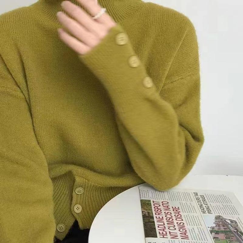 Однотонный женский свитер с высоким воротом на осень-зиму в стиле ретро в Корейском стиле с ленивым узором