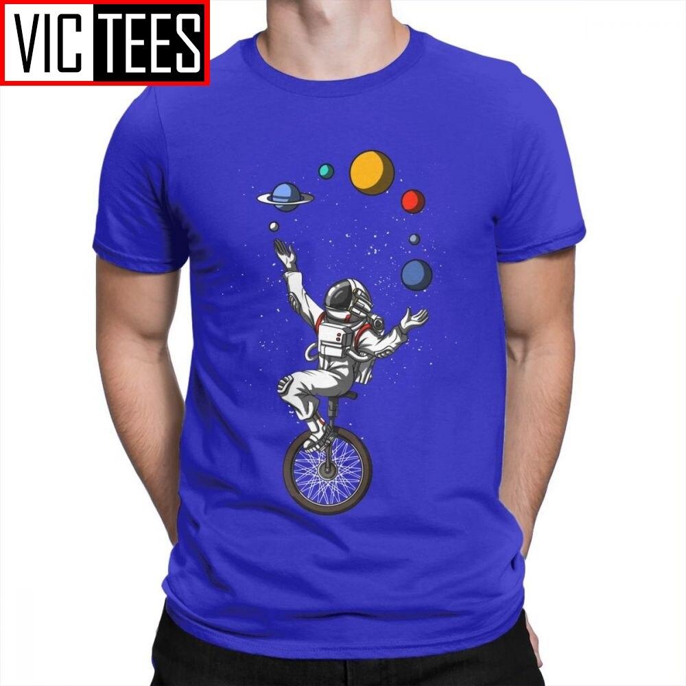 Man Men T Shirts Space Astronaut Riding Bicycle Juggling Solar System Planets Funny Short Sleeves Tees Tops Cotton T-Shirt