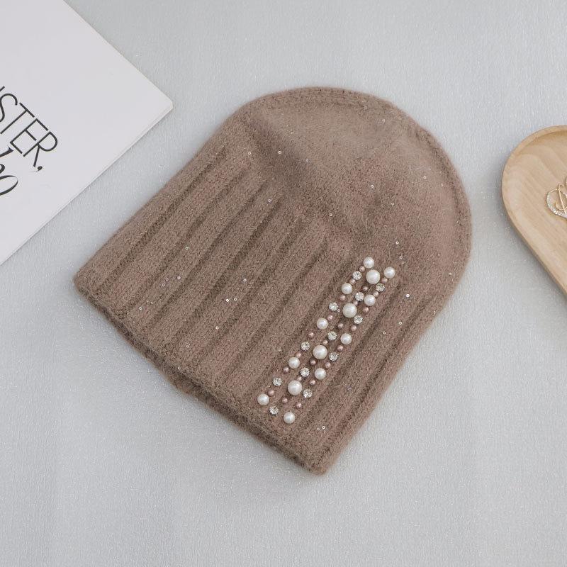 Пуловер из кроличьего меха, вязаная шапка, женская, осенне-зимняя, теплая шерстяная шапка, модный головной убор с жемчугом, для улицы