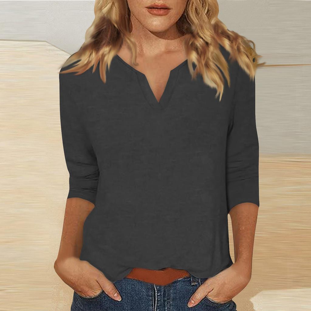 Женский однотонный топ с круглым вырезом и рукавами 3/4 V+