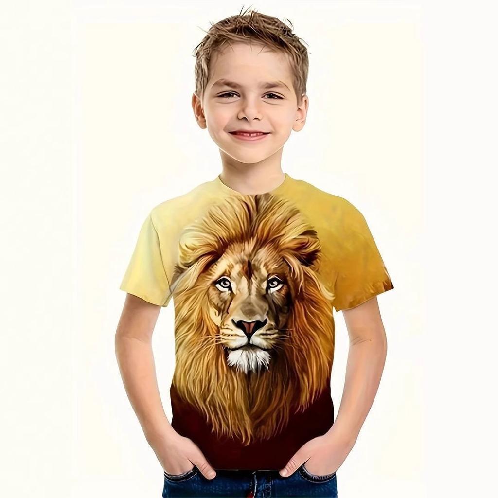 Summer Round Neck 3D Lion Pattern Printed Top Fashionable and Casual Short Sleeved Children's Boy T-shirts