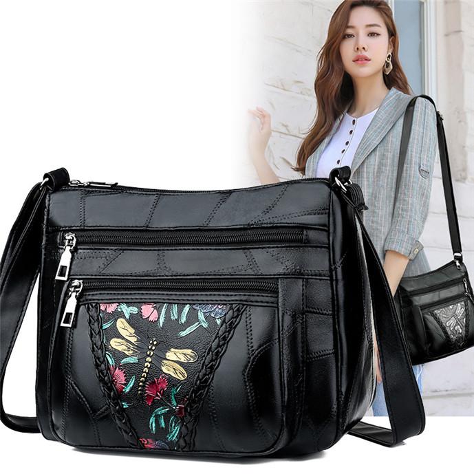 Large Capacity PU Leather Women Shoulder Handbags Vintage Dragonfly Flowers Multi-Pocket Crossbody Mommy Bag For Travel