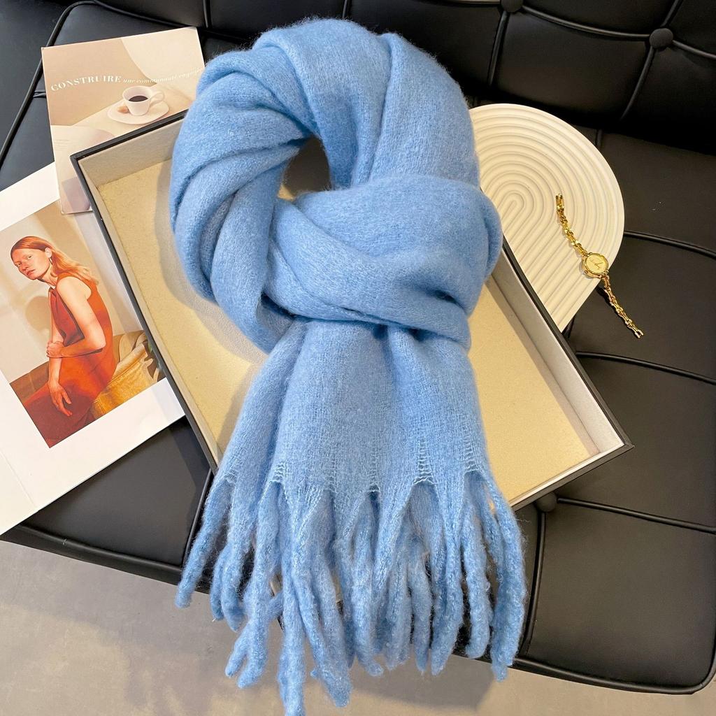 New Solid Color Thickened Warm Scarf Women's Winter High Sense White Versatile Lazy Fringed Shawl Scarf