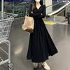French Style Fashion Dresses Sping New Women Solid V-Neck Pleated Temperament Long Sleeve Slim Mid-length A-line Corset Dress