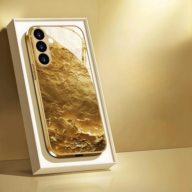 Позолоченный чехол для телефона из закаленного стекла, совместим с Galaxy S26, S25, S24, S23 и S22 Ultra Plus. Золотой текстурный узор.