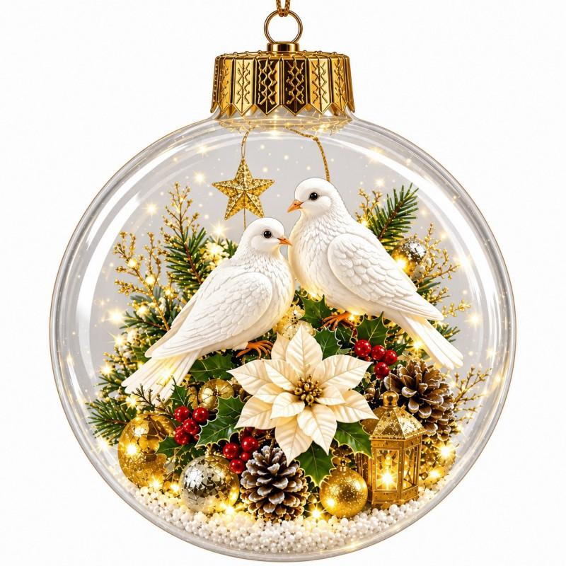 3D Christmas Crystal Ball Ornament With White Dove Holly Pinecone Design Tree Hanging Decoration