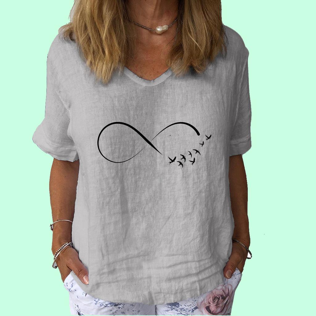 Women Fashion V Neck Short Sleeve Top Summer Casual Cotton Linen Shirt Ladies Print T-shirt