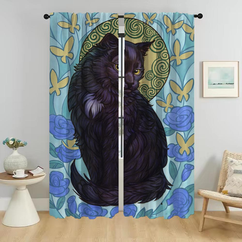 Window Curtain for Room 2 Panel Magic Cat Home Interior Curtains Tulle for Bedroom Halloween Decoration Shades Partition Living