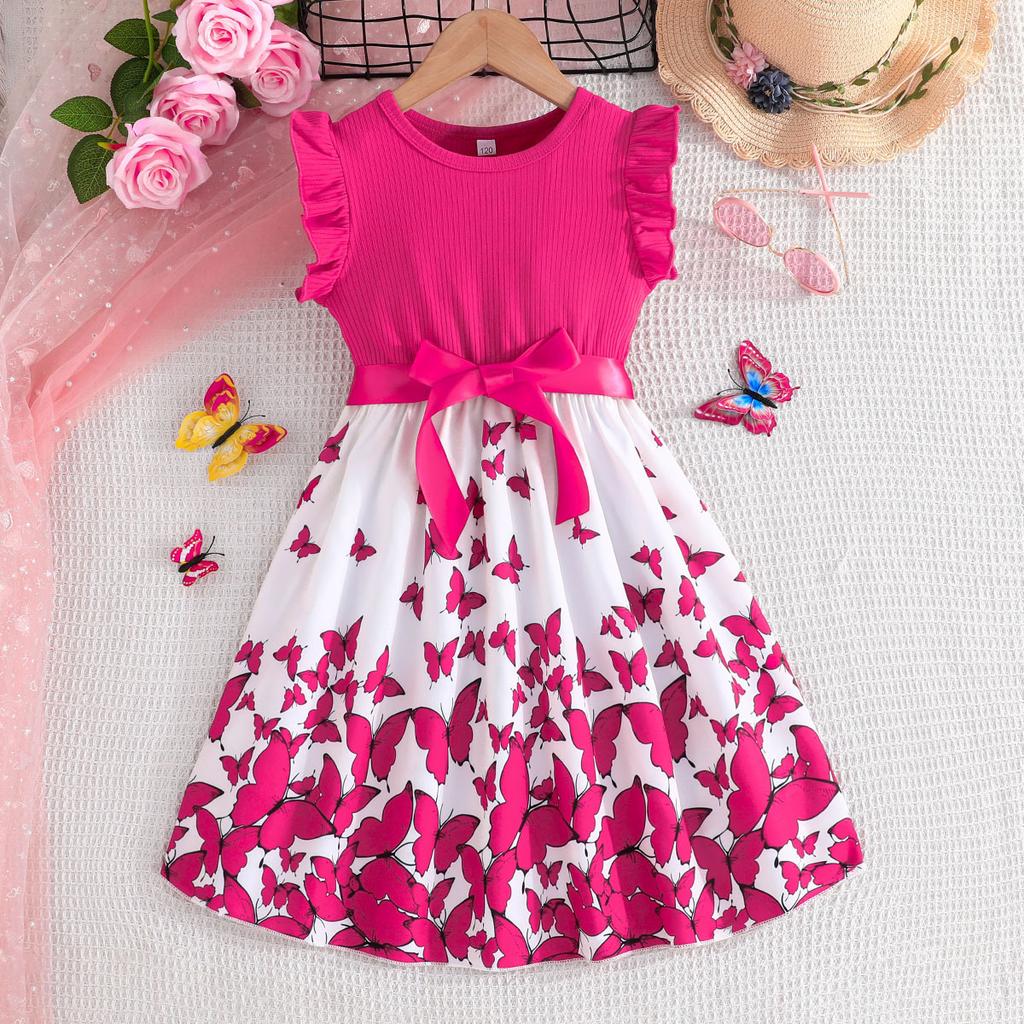 Girls' Butterfly Print Sleeveless Dress + Belt 2025 Summer Children's Fashion Casual Dress