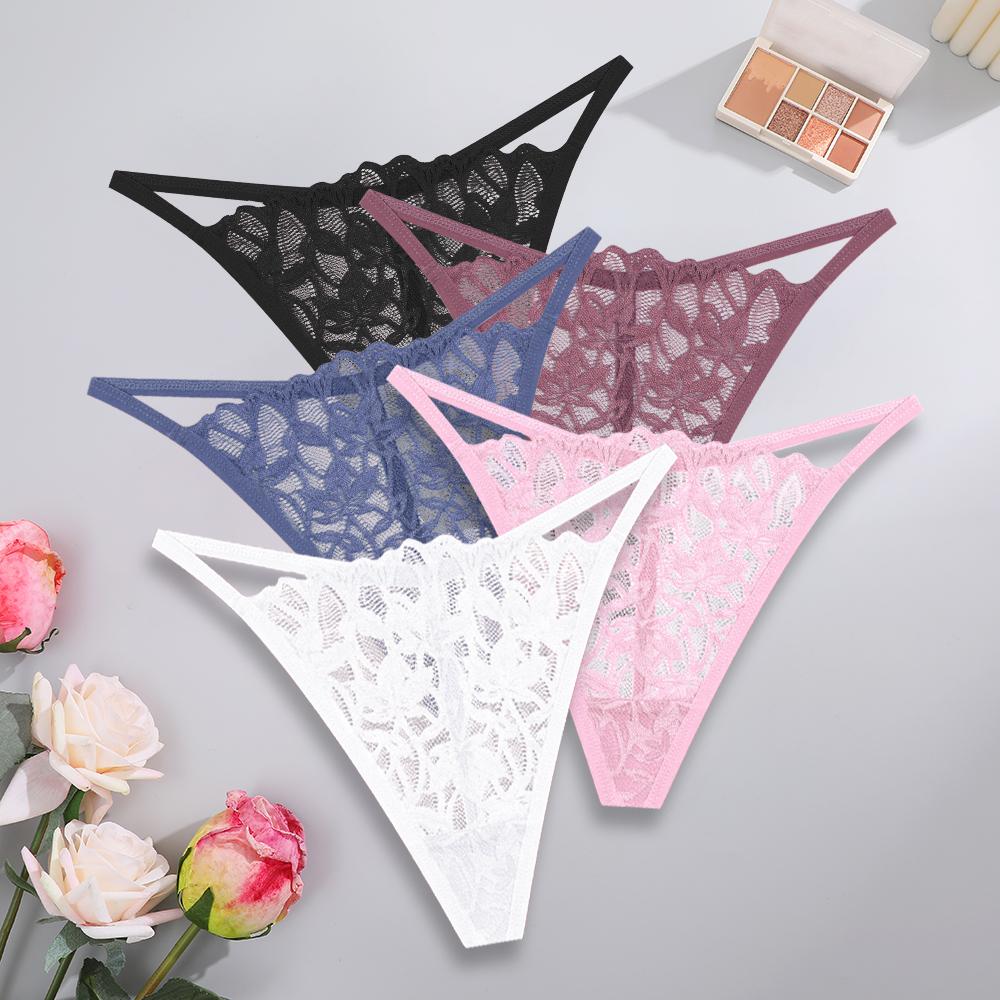 5PCS/Set Women Sexy Lace Thongs G-String T-Back Underwear Female Breathable Underpants Floral Lace Solid Color Panties S-XL