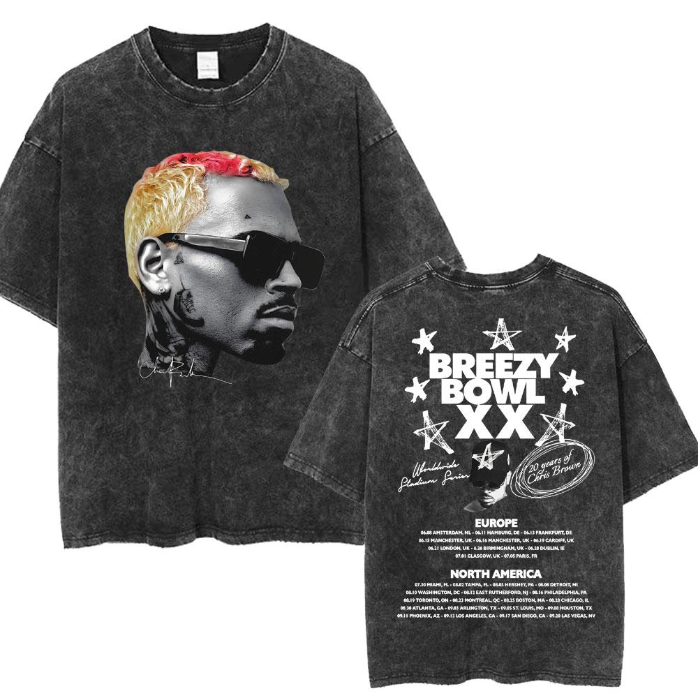 Chris Brown Breezy Bowl XX Concert Tour Washed T Shirts Vintage Hip Hop Gothic T Shirt Mens Oversized Cotton Tshirt Streetwear