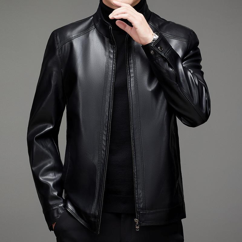 Autumn and Winter New Men's Leather Jacket Business Casual Stand-up Collar Fleece Thickened Leather Jacket Men's Jacket Plus Size
