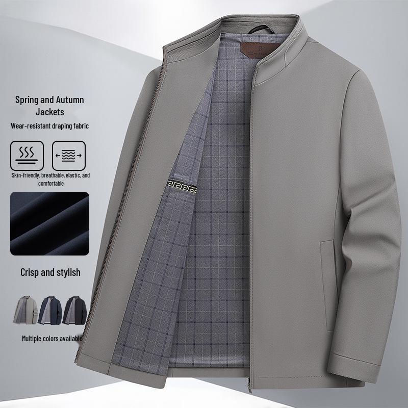 Men's Mid-Aged Business Casual Spring/Autumn Stand Collar Jacket - High-End, Short, Pure Color, Commuter Wear
