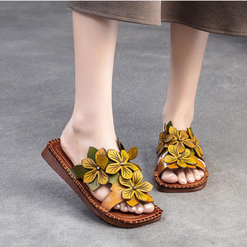 Johnature Дышащие тапочки из натуральной кожи на мягкой подошве на плоской подошве, шлепанцы с цветами в этническом стиле, универсальная женская обувь