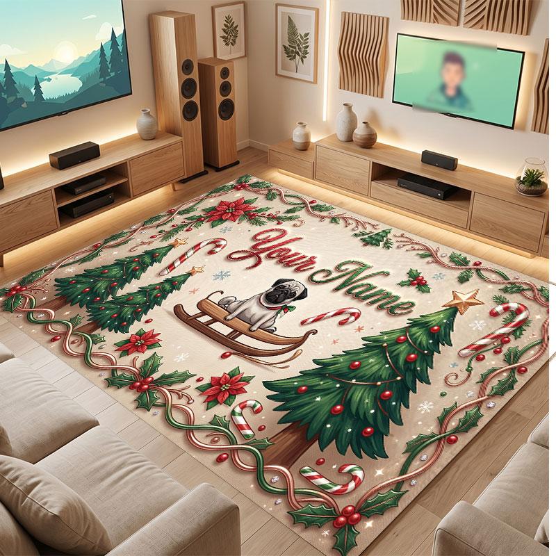 Christmas Winter Theme Crystal Velvet Floor Rug Personalized Custom Name Text Warm Carpet Home Decoration