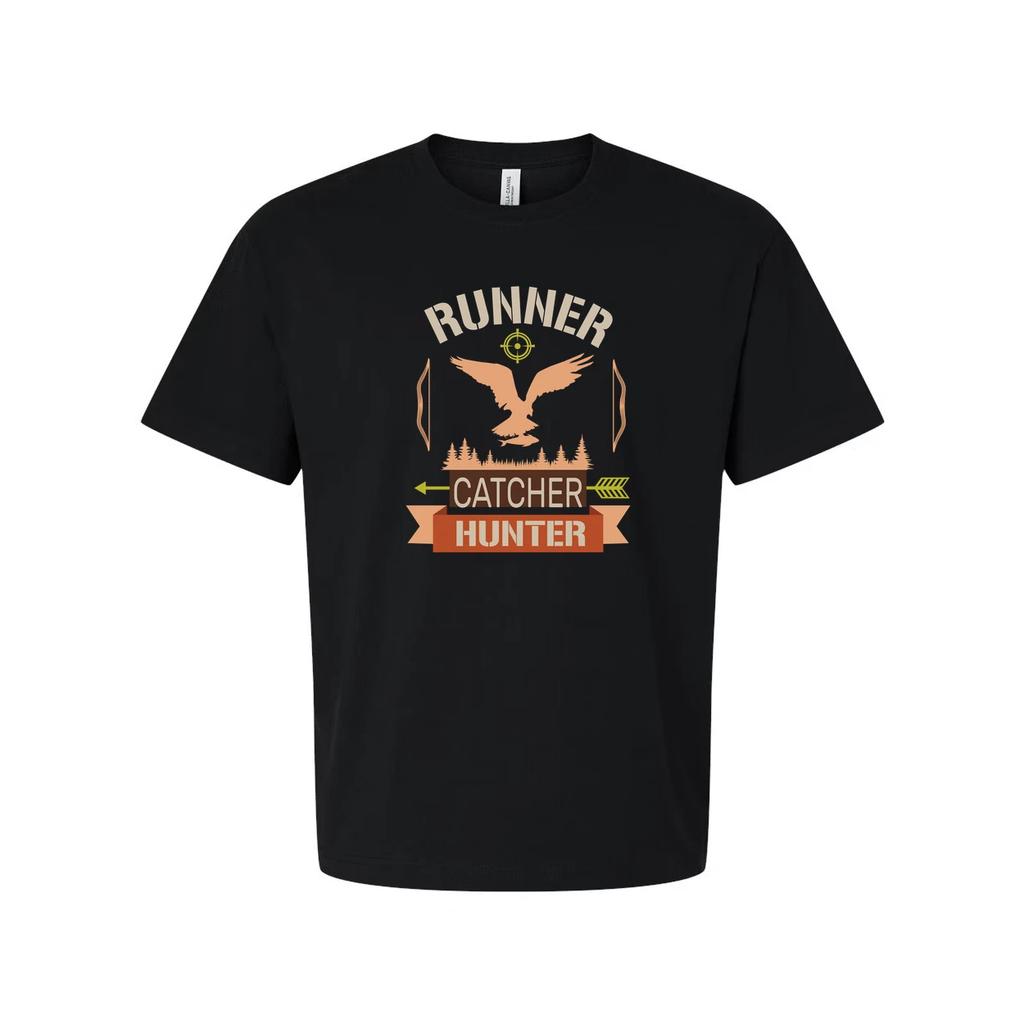 Unisex Hunting Graphic T Shirt With Eagle Emblem, Forest Silhouette, And Target