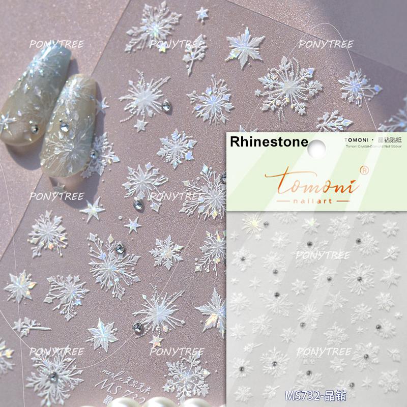 Silver White Snowflake Rhinestone Star Love Lace Winter Chic Snow Shiny Chic Delicate 5D Nail Art Stickers Manicure Decals