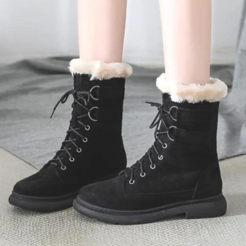 Элегантные женские зимние ботинки на среднем каблуке с круглым носком, на шнуровке, весна-осень, меховые ботинки из овечьей шкуры, демисезонные, размер 39, женская обувь