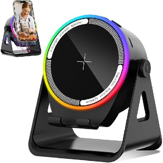 MRMORALE Wireless Induction Speaker, Multifunctional Bluetooth Phone Holder with RGB Light & 360° Rotation, HD Surround Sound, Compatible with