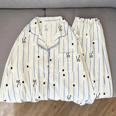 Полосатая пижама с принтом в виде звезд и галстука-бабочки для женщин, французская эстетика, милая модная одежда для сна, женская весенняя повседневная пижамная одежда