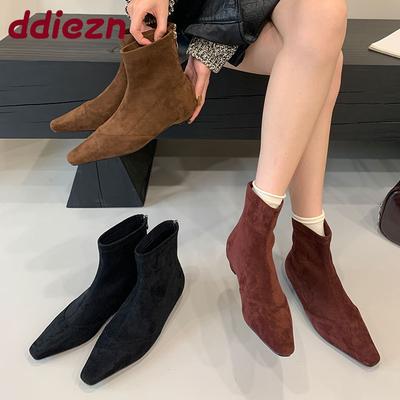 Мода Мода Флок Женские Ботильоны Молнии Обувь Женская Острый Носок Обувь Женские Короткие Современные Ботинки На Низком Каблуке Обувь