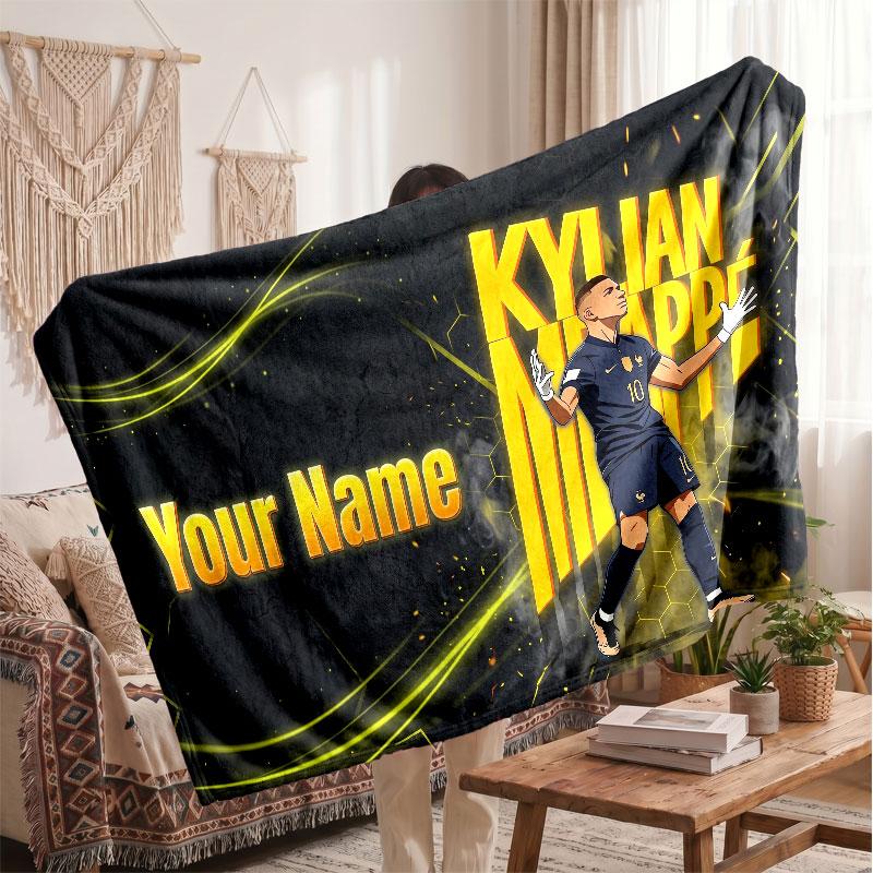 Kylian Mbappe Personalized Fleece Blanket With Football Logo, Custom Name Text Soft Warm Home Throw Blanket