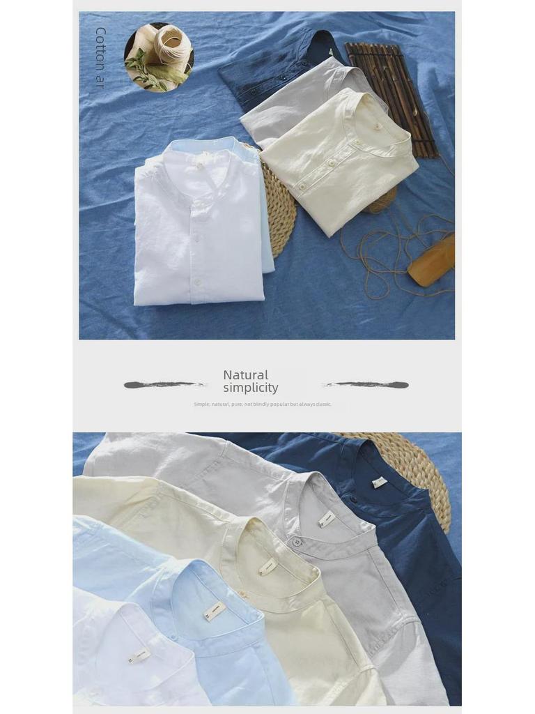 Мужская белая льняная рубашка с коротким рукавом и воротником-стойкой, свободного кроя, легкий летний хлопок.