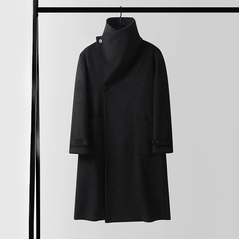 Мужской асимметричный длинный кашемировый пальто с воротником-стойкой и поясом - Большой размер, свободный крой, верхняя одежда для осени и зимы.