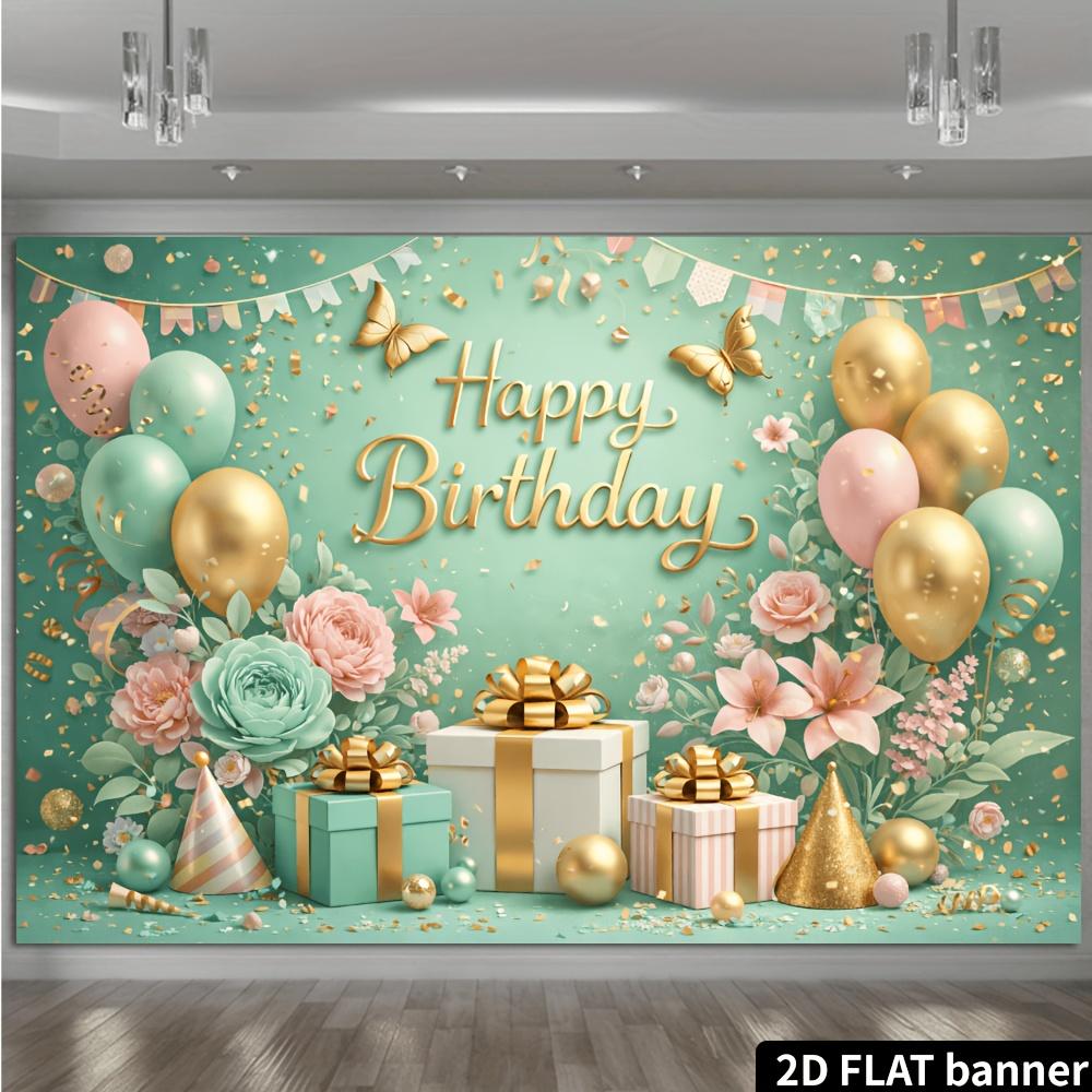 2D planar mint green birthday party backdrop fabric with gold foil text "Happy Birthday", made of durable polyester material.